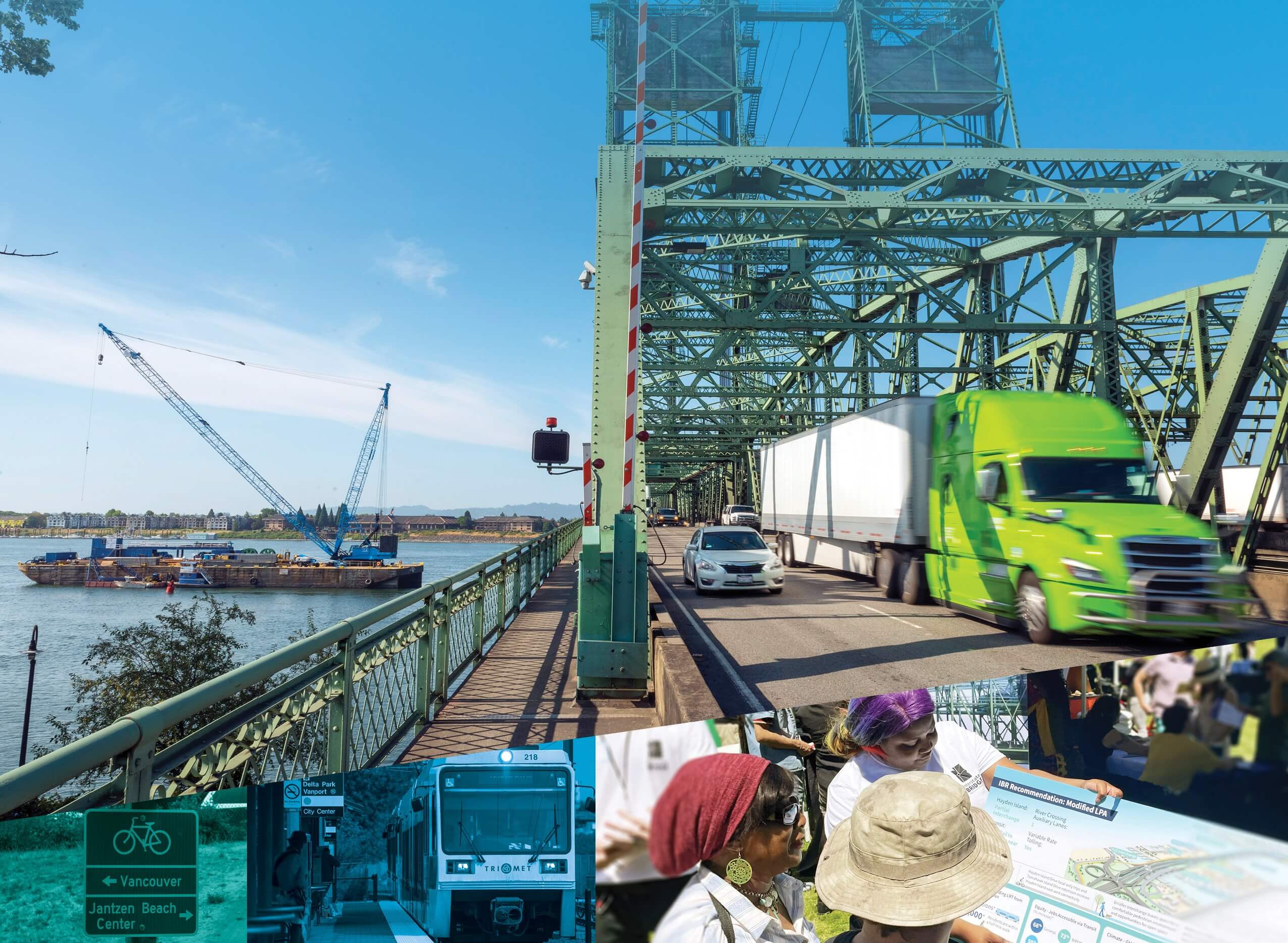 A picture collage of the Interstate Bridge, A pedestrian sign, and a community engagement event