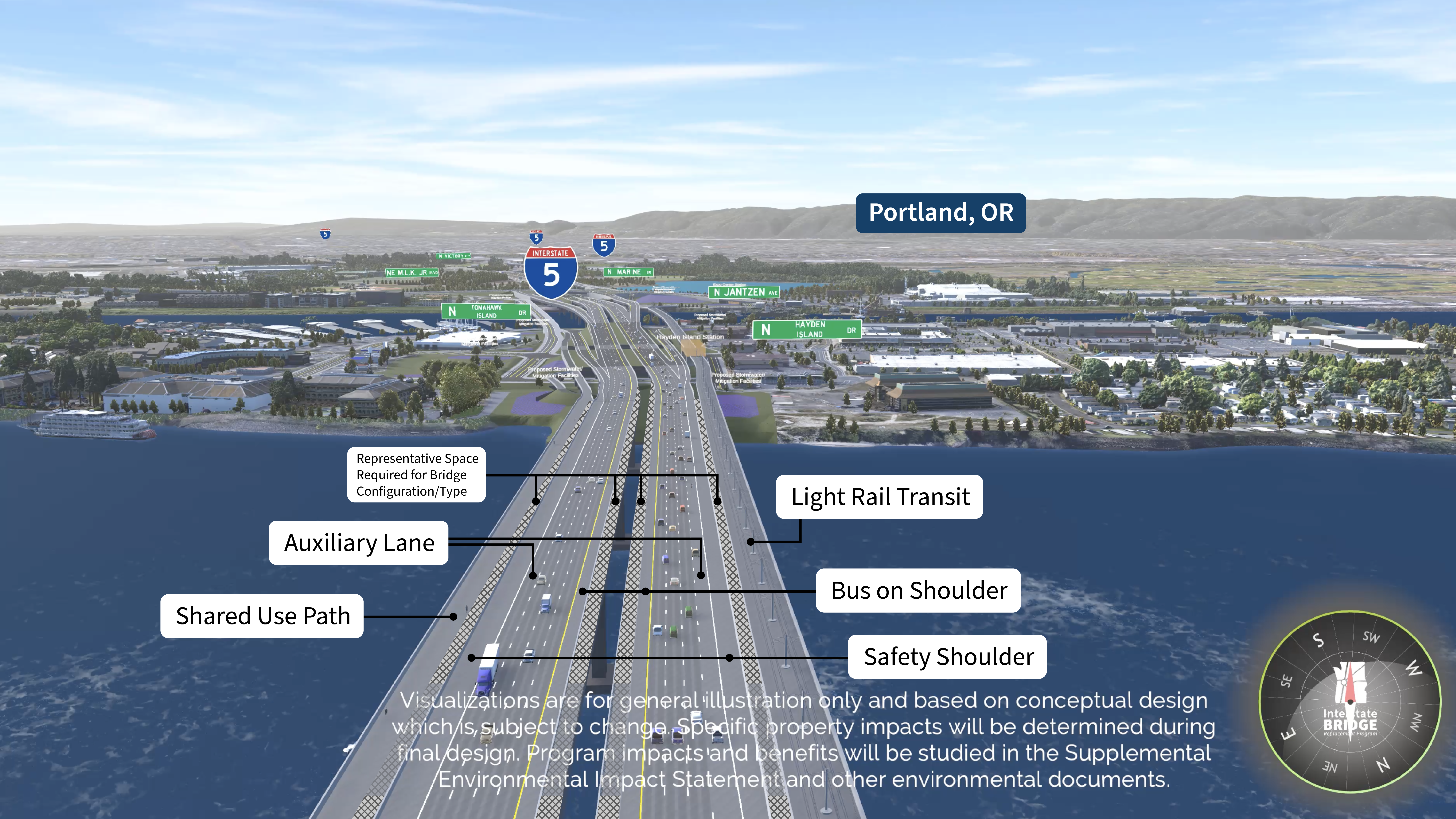 SB I-5 – Single-level bridges, labeling bus on shoulder on the inside lanes, shared use path on the outside left and light rail transit on the outside right