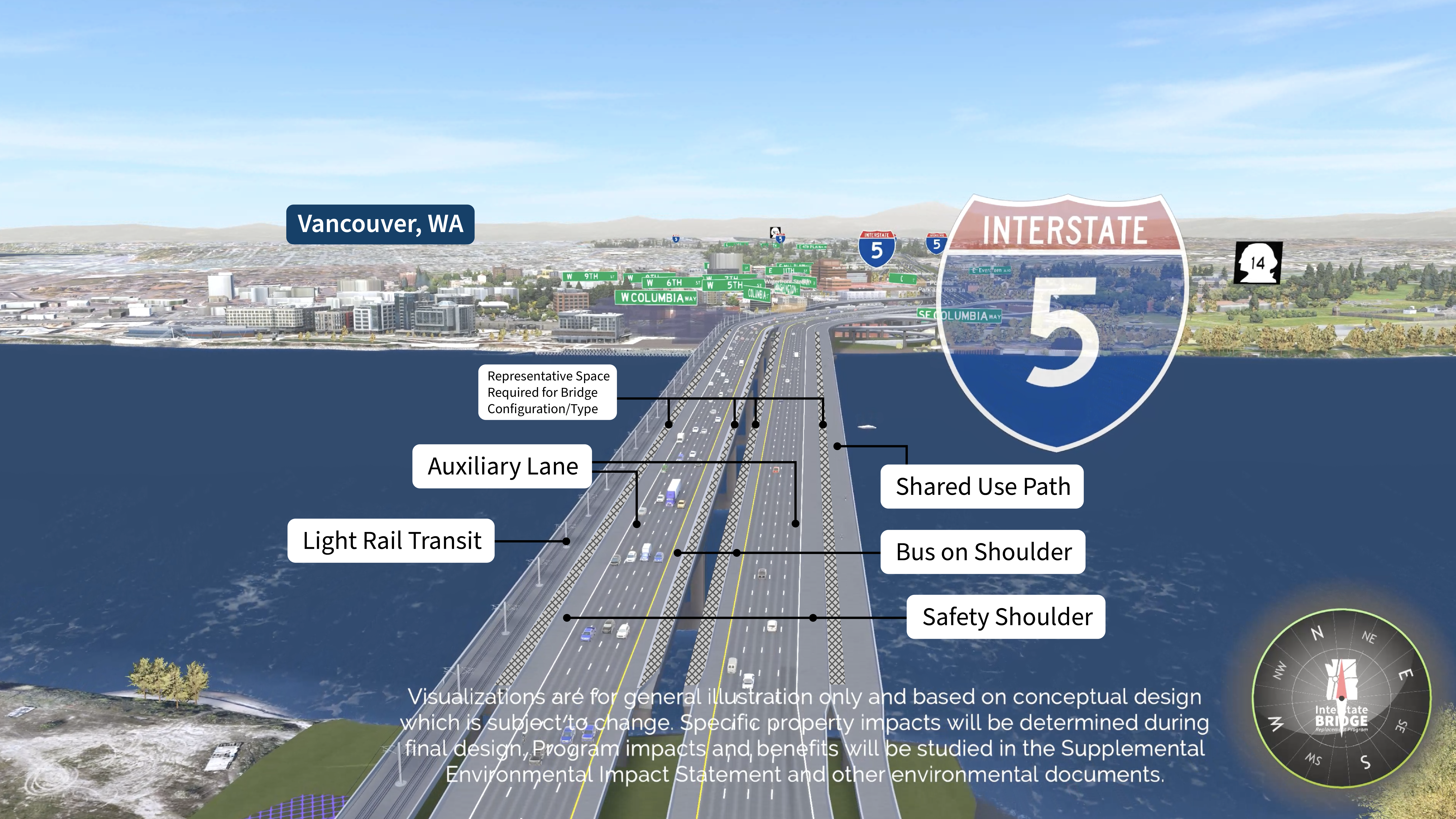 NB I-5 – Single-level bridges, labeling bus on shoulder on the inside lanes, shared use path on the outside right and light rail transit on the outside left